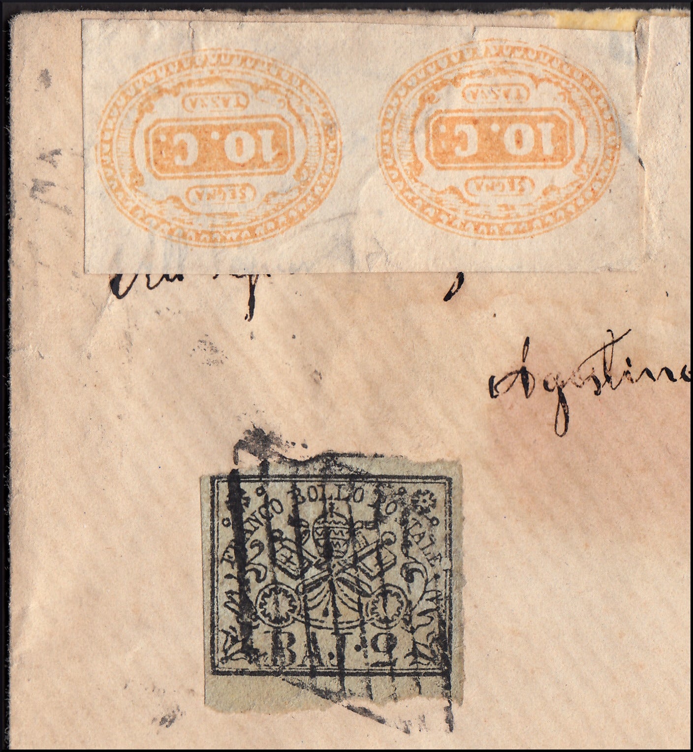 F13_45 - 1865 - Lettera spedta da Roma per Terni 9/7/65 affrancata con 2 baj e tassata in arrivo per 20 centesim con segnatasse n. 1 (3Aa).