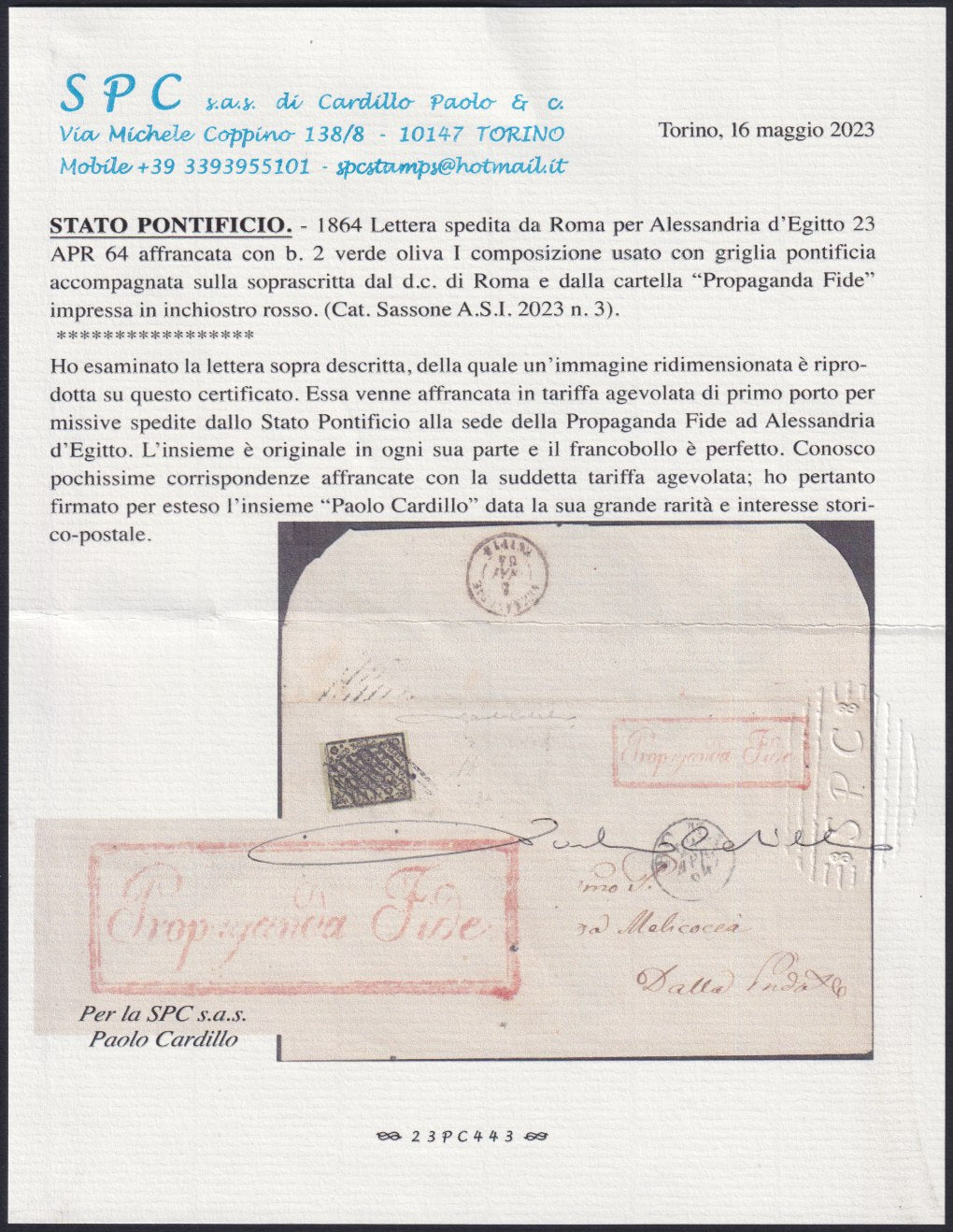 F13_68 1864 - Lettera spedita da Roma per Alessandria d'Egitto 23/4/64 affrancata con b. 2 verde oliva isolato, tariffa Propaganda Fide, UNICA NOTA. (3a)