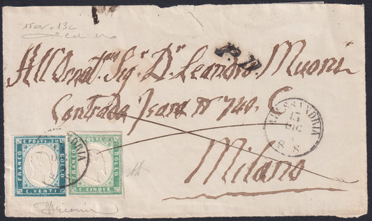 F13-76 - 1856 - IV issue, Title page of letter sent from Alessandria to Milan 12/13/56 stamped with c. 5 green Pea I composition + c. 20 milky cobalt (13c + 15ca)