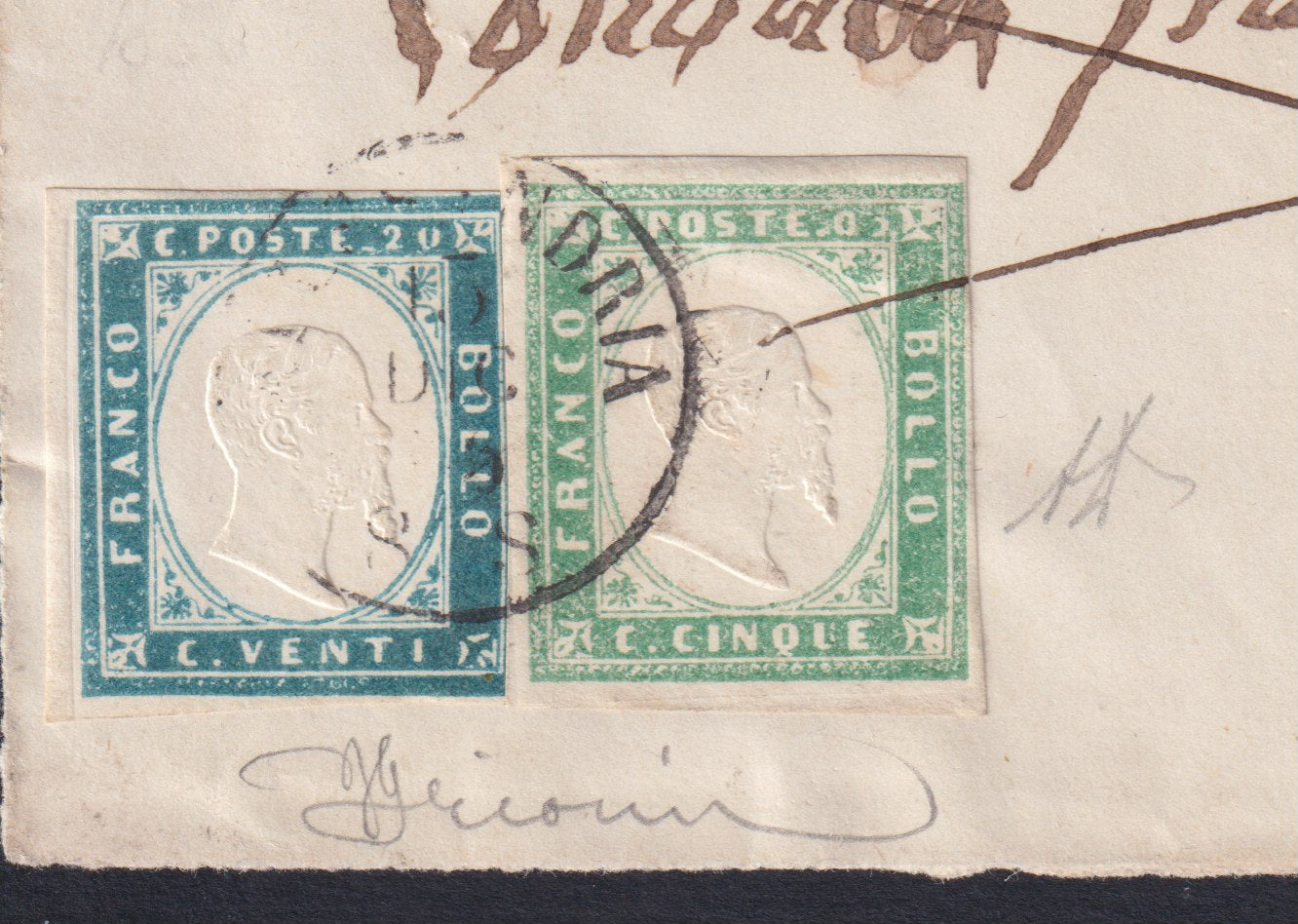 F13-76 - 1856 - IV issue, Title page of letter sent from Alessandria to Milan 12/13/56 stamped with c. 5 green Pea I composition + c. 20 milky cobalt (13c + 15ca)