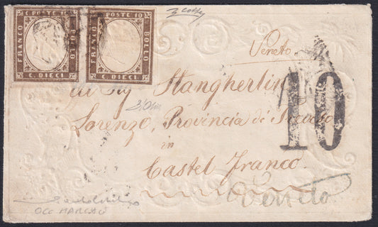 F13-78 - 1861 - IV issue, c. 10 dark olive brown I plate edition 1860 on letter sent from Ancona to CastelFranco 18/10/60, letter sent during the period of Sardinian occupation of the Marche (14Bd).