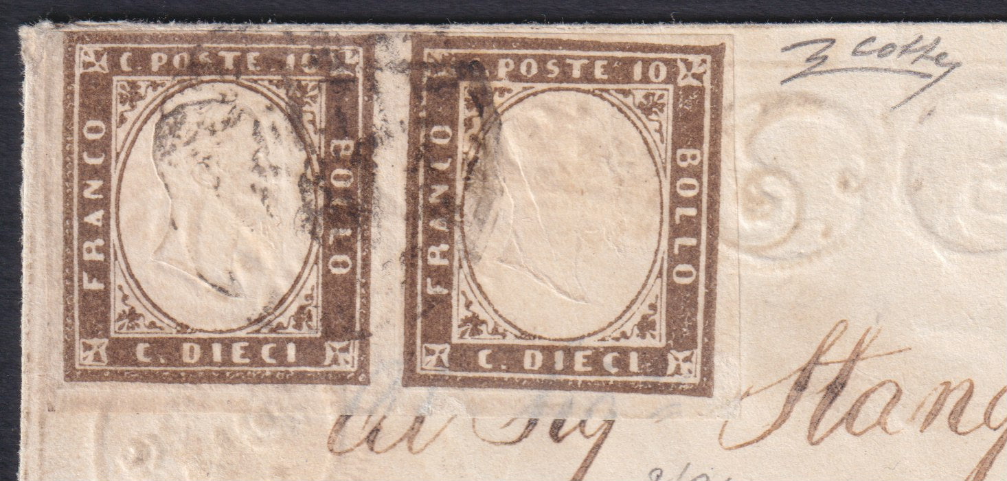 F13-78 - 1861 - IV issue, c. 10 dark olive brown I plate edition 1860 on letter sent from Ancona to CastelFranco 18/10/60, letter sent during the period of Sardinian occupation of the Marche (14Bd).
