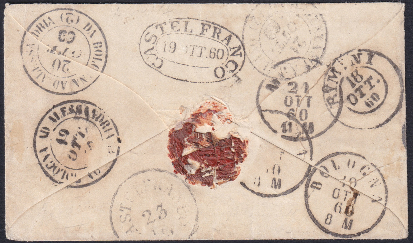 F13-78 - 1861 - IV issue, c. 10 dark olive brown I plate edition 1860 on letter sent from Ancona to CastelFranco 18/10/60, letter sent during the period of Sardinian occupation of the Marche (14Bd).
