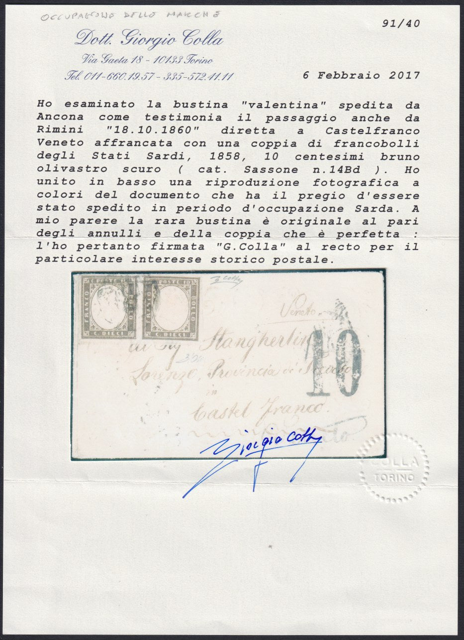 F13-78 - 1861 - IV emissione, c. 10 bruno olivastro scuro I tavola tiratura 1860 su lettera spedita da Ancona per CastelFranco 18/10/60, lettera inviata in periodo di Occupazione Sarda delle Marche (14Bd).