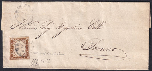 F13-80 - 1861 - IV issue, c. 10 dark chocolate brown II panel on letter from Grosseto to Sorano 1/3/62 (15Dd)