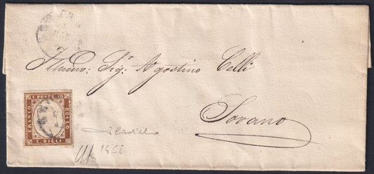 F13-80 - 1861 - IV emissione, c. 10 bruno cioccolato scuro II tavola su lettera da Grosseto per Sorano 1/3/62 (15Dd)