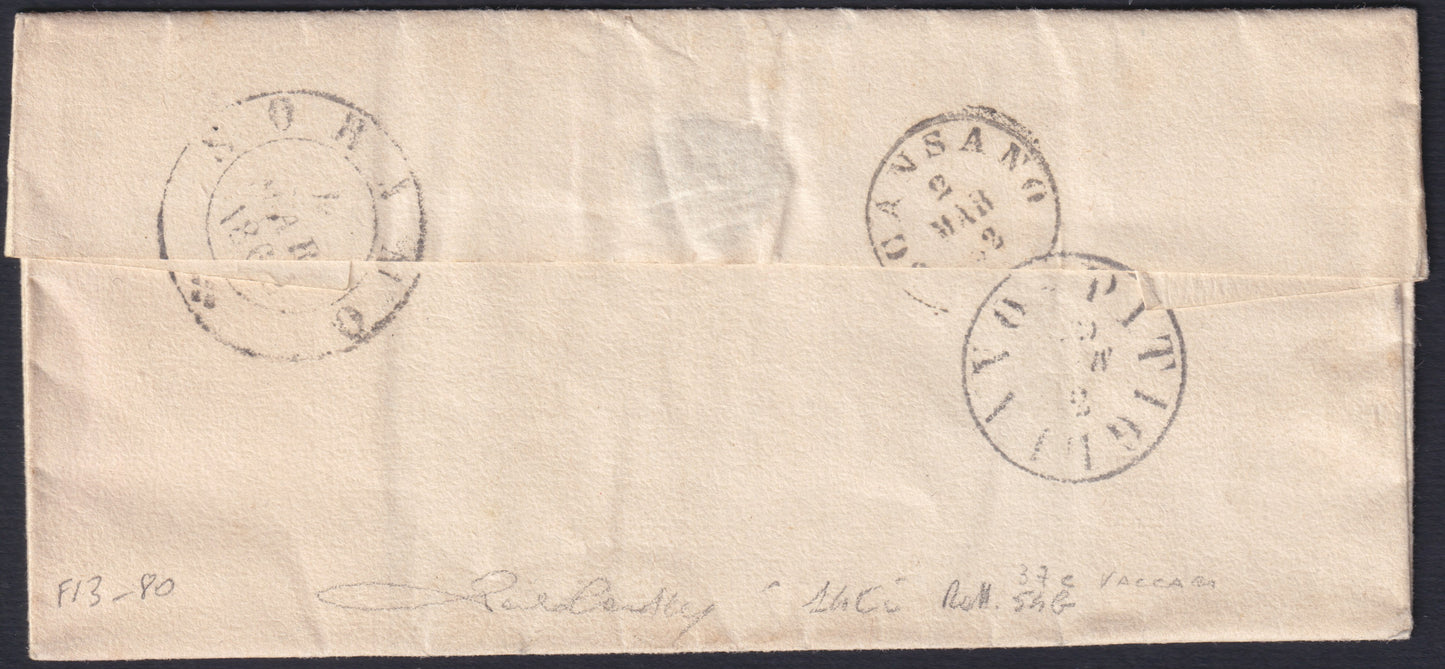 F13-80 - 1861 - IV issue, c. 10 dark chocolate brown II panel on letter from Grosseto to Sorano 1/3/62 (15Dd)