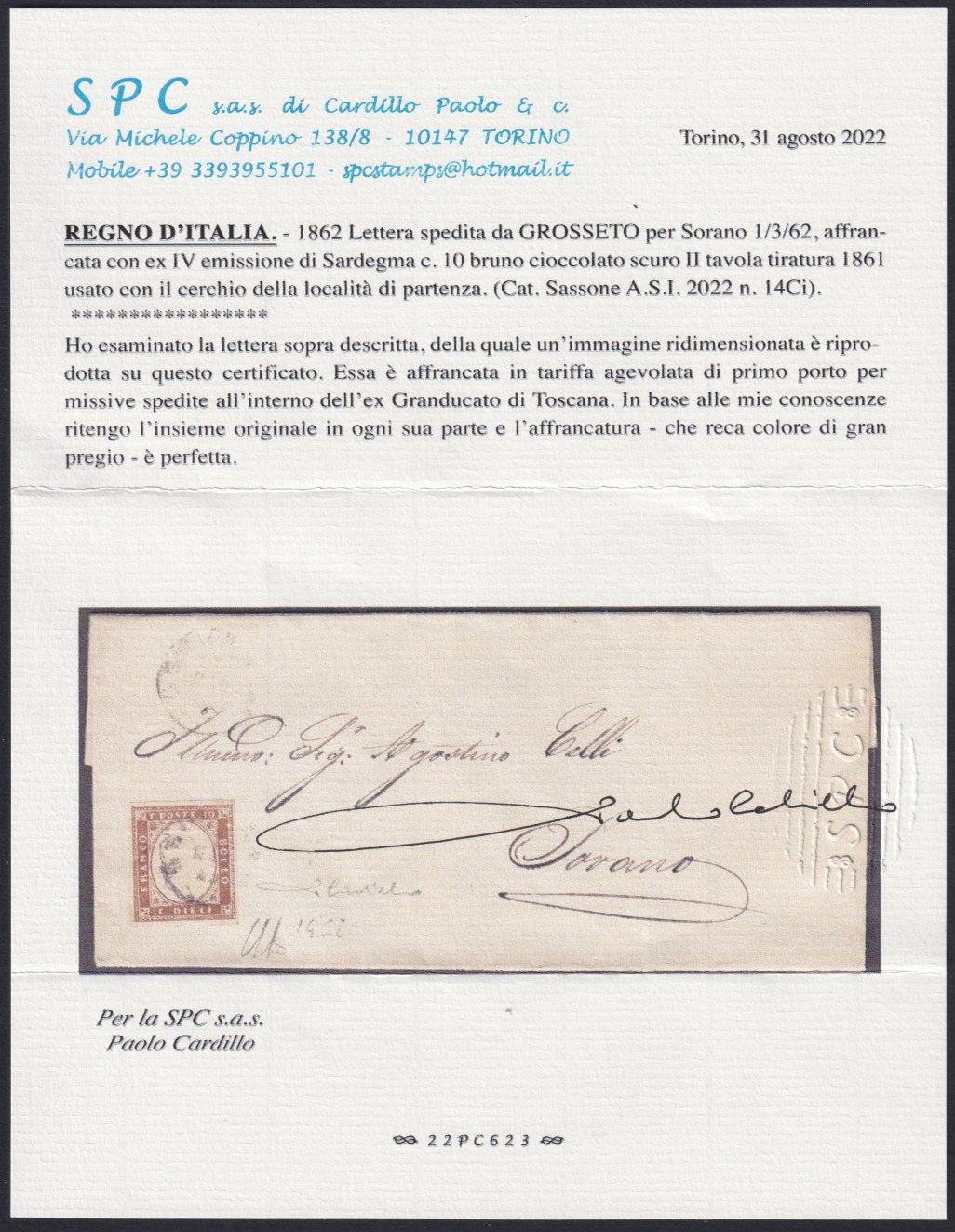 F13-80 - 1861 - IV emissione, c. 10 bruno cioccolato scuro II tavola su lettera da Grosseto per Sorano 1/3/62 (14Ci)