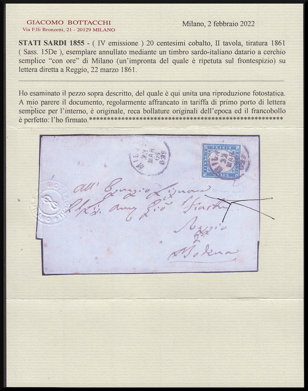 F13-95 - 1861 - IV emissione, c.20 cobalto II tavola da Milano per Reggio di Modena 22/3/61, rara tonalità di colore (15De)