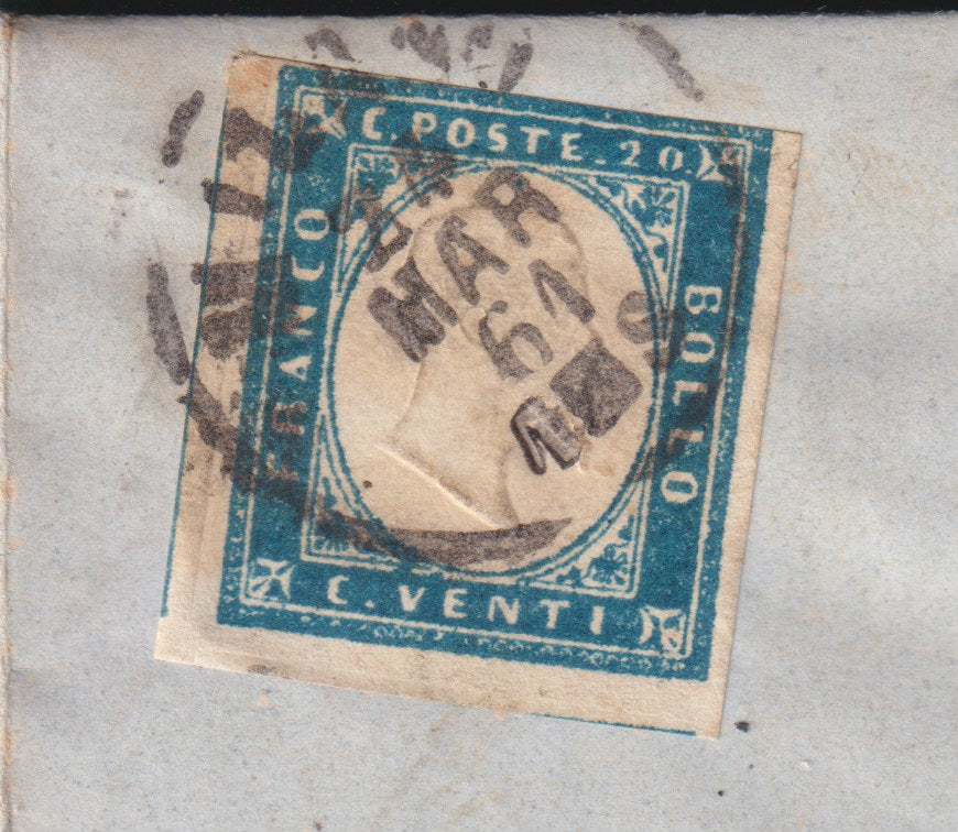 F13-96 - 1861 - IV edición, placa II de cobalto verdoso c.20 de Milán para Sondrio 24/3/61, tono de color poco común (15Dg)
