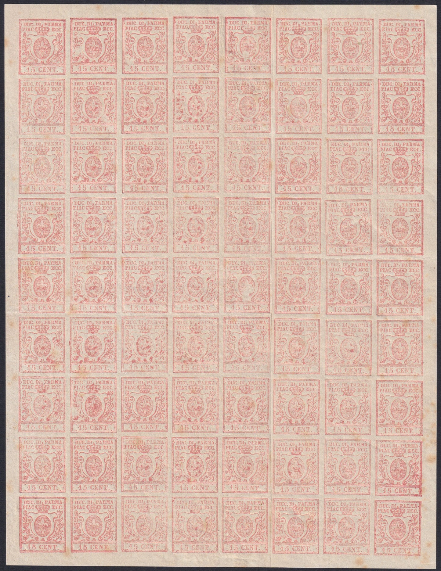 F14-199 - Ducato di 1859 - Parma, III emissione c. 15 vermiglio foglio completo di 72 esemplari nuovo con gomma (9, 9b)