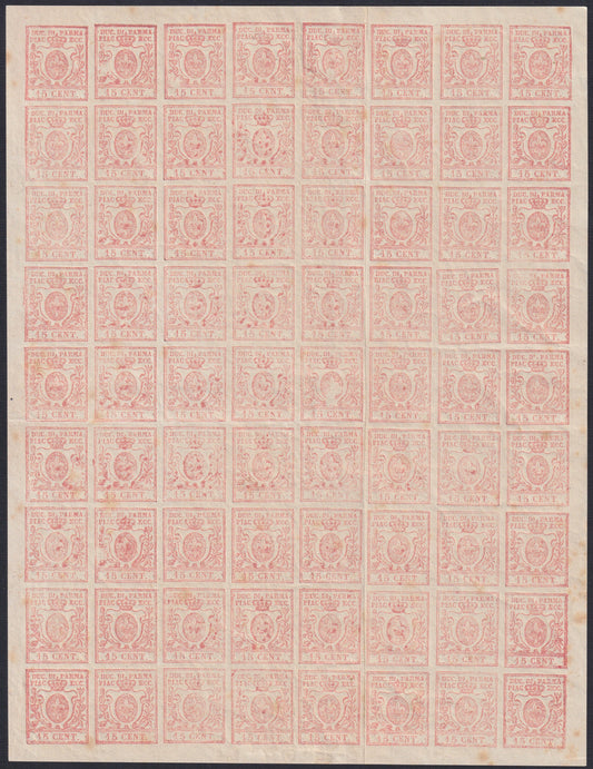 F14-199 - Duchy of 1859 - Parma, III issue c. 15 vermilion complete sheet of 72 copies new with gum (9, 9b)
