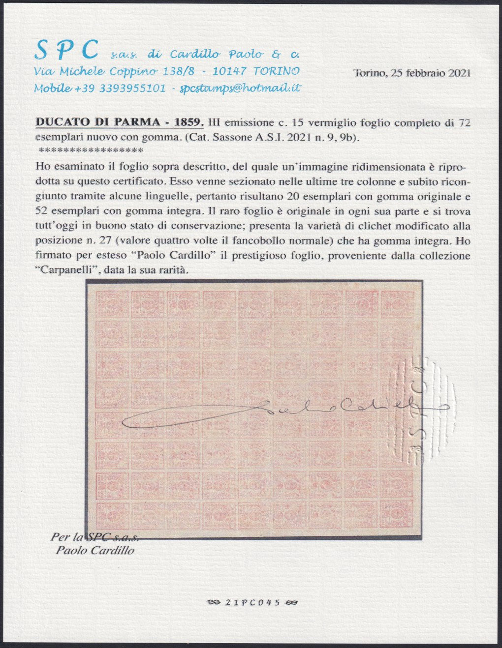 F14-199 - Ducato di 1859 - Parma, III emissione c. 15 vermiglio foglio completo di 72 esemplari nuovo con gomma (9, 9b)