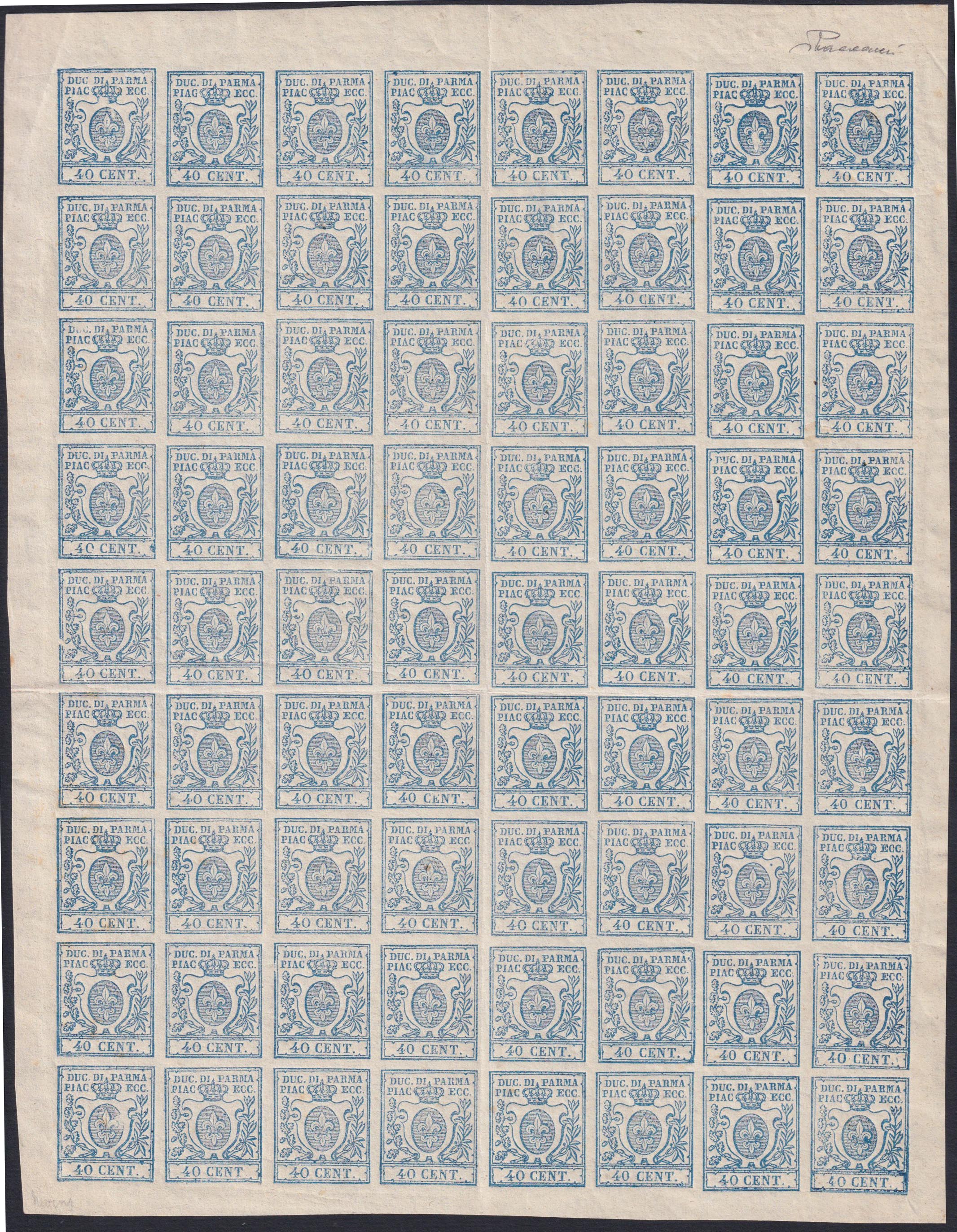 F14-200 - 1857 - Ducato di Parma, III emissione c. 40 azzurro foglio completo di 72 esemplari nuovo con gomma (11, 11b, 11e) (copia)