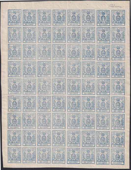 1857 - F14-200 - Duchy of Parma, III issue c. 40 light blue complete sheet of 72 copies new with rubber (11, 11b, 11e)