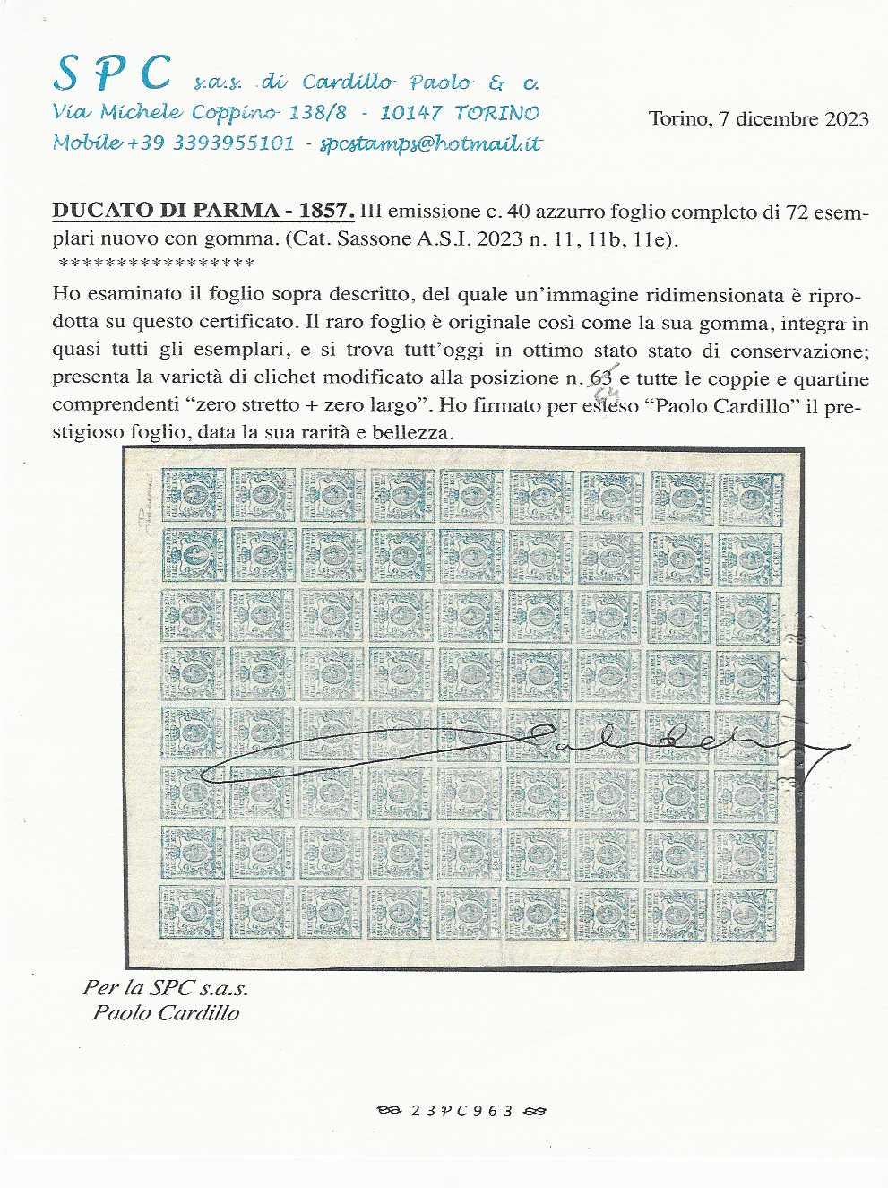 F14-200 - 1857 - Ducato di Parma, III emissione c. 40 azzurro foglio completo di 72 esemplari nuovo con gomma (11, 11b, 11e) (copia)