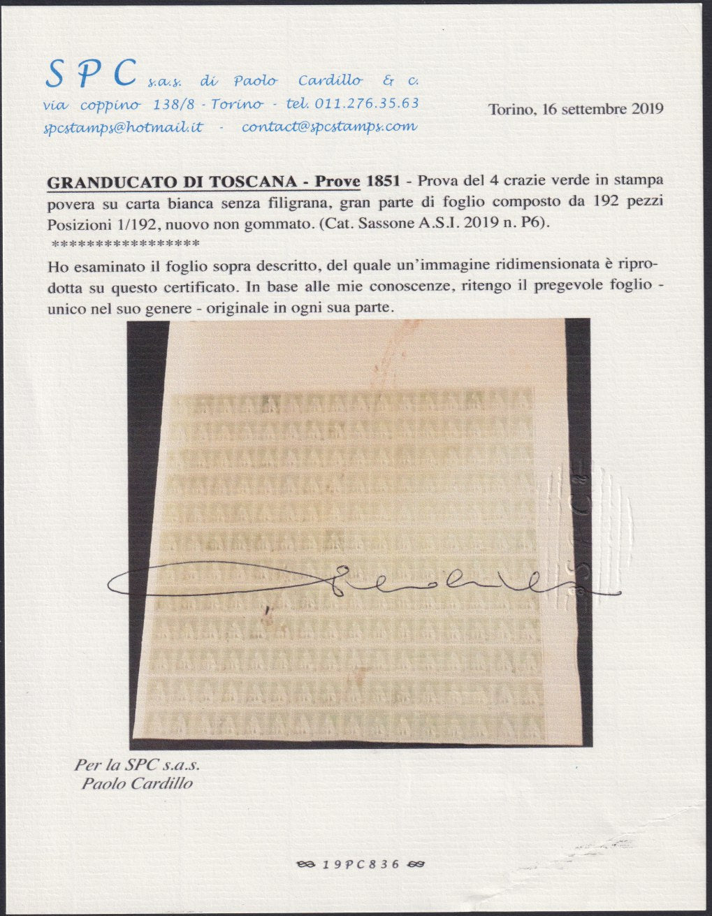 202 - 1852 - Grand Duchy of Tuscany, large part of proof sheet with three complete margins of the 2 crazie light blue stamp (P5)