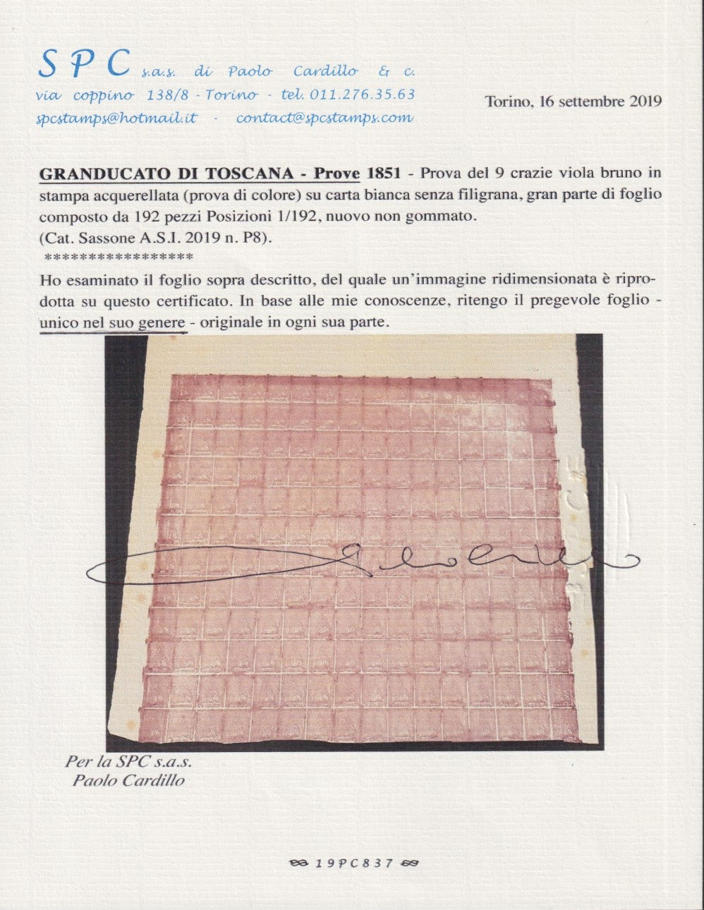 202 - 1852 - Grand Duchy of Tuscany, large part of proof sheet with three complete margins of the 2 crazie light blue stamp (P5)