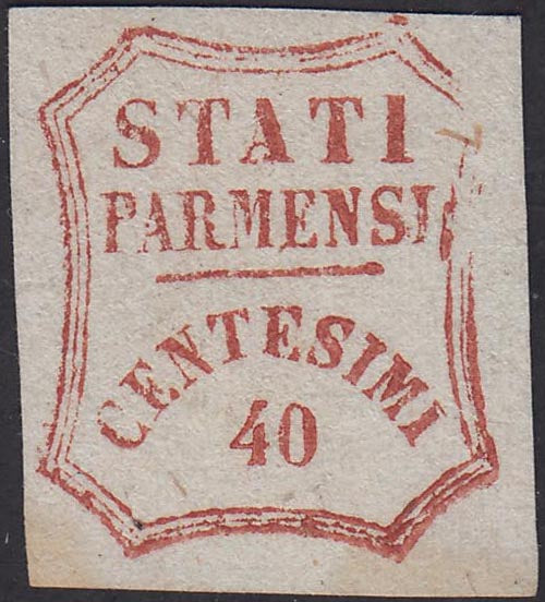 PP96 - 1859 - Stati Parmensi e cifra in un ottagono a linee curve, c. 40 rosso bruno nuovo senza gomma, bella qualità ed estremamente raro e ricercato (16).