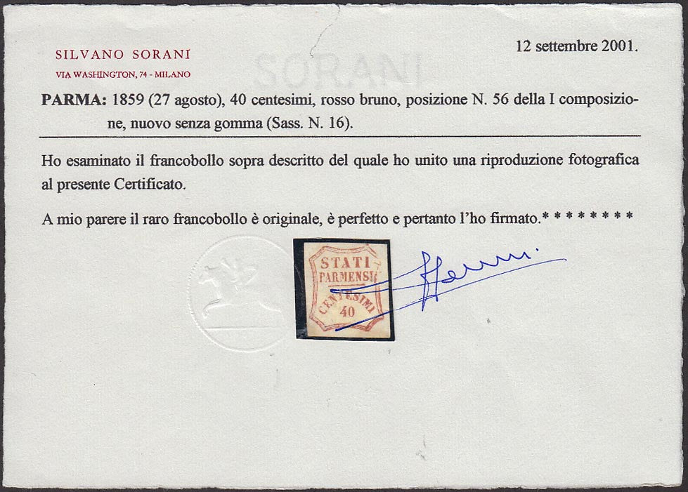 PP96 - 1859 - Stati Parmensi e cifra in un ottagono a linee curve, c. 40 rosso bruno nuovo senza gomma, bella qualità ed estremamente raro e ricercato (16).