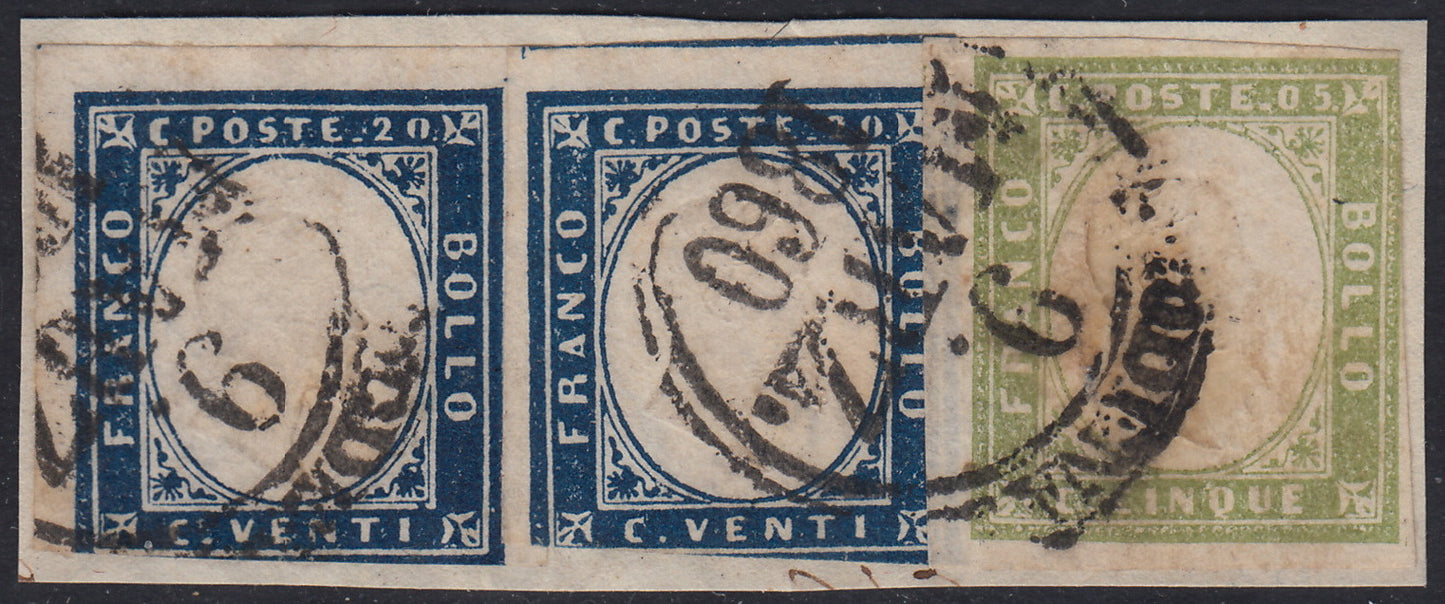 SARD474 - 1860 - IV emissione, frammento affrancato con c. 5 verde oliva grigiastro chiaro + c. 20 azzurro scurissimo due esemplari usati Modena 9/3/1860, periodo di Regie Province dell'Emilia, combinazione non nota su lettera. (13Bd+15C, D1+D3).