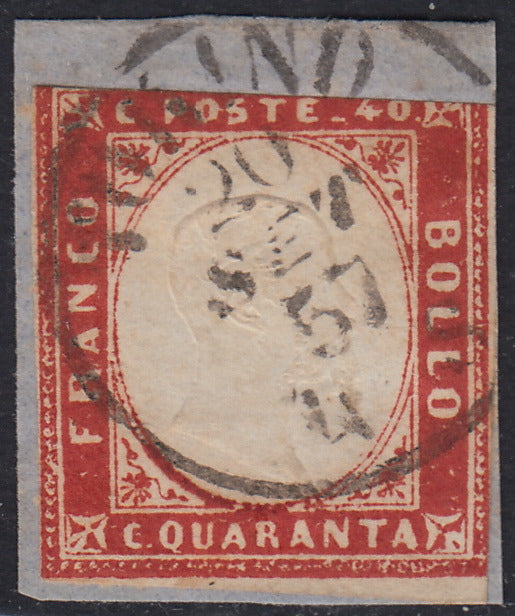 SARD473 - 1857 - IV emisione c. 40 rosso scarlatto, gradazione Rattone "Sanguigno", usato su frammento Torino 30/9/57 (16A, Rattone n. 33c).