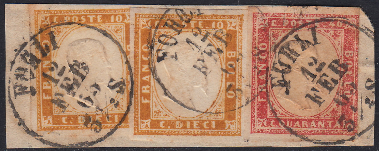 SRD462 - 1863 - IV emissione, frammento affrancato con c. 10 bistro arancio due esempari + c. 40 rosa vermiglio usati a Forlì 12/2/63 (14Df + 16F).