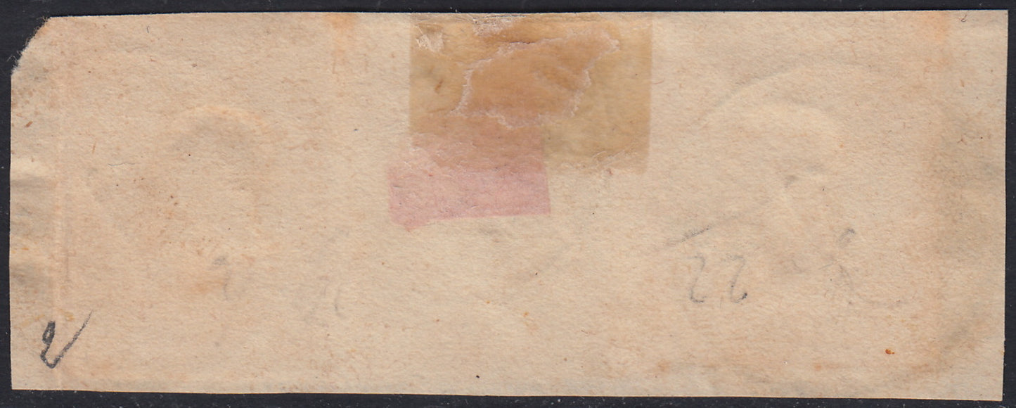 SRD462 - 1863 - IV emissione, frammento affrancato con c. 10 bistro arancio due esempari + c. 40 rosa vermiglio usati a Forlì 12/2/63 (14Df + 16F).