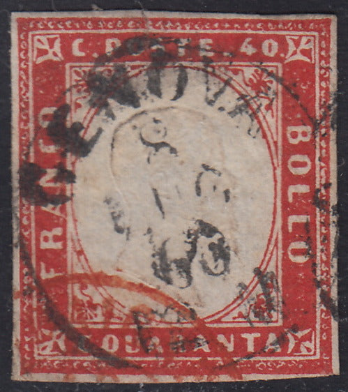 SARD465 - 1960 - IV emissione c. 40 carminio tiratura 1860 usato con annullo di Genova 8/7/60 e parte di un annullo di transito francese impresso in rosso (16Ca).