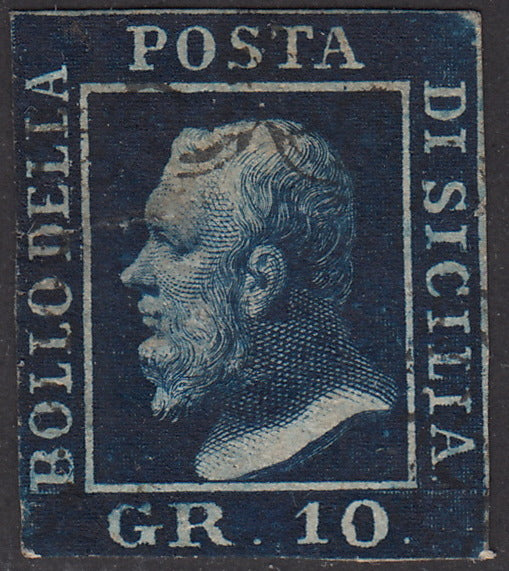 PV1511 - 1859 - Effigie di Ferdinando II di Borbone volta a sinistra, 10 grana azzurro cupo carta di Napoli usato, (12).