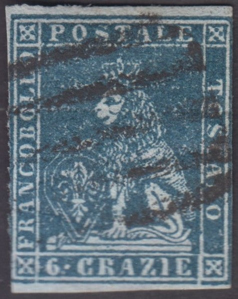 F14_83 - 1851 - Leone di Marzocco, 6 crazie azzurro su carta grigia e filigrana corona usato (7d).