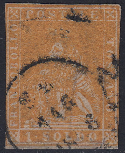 Tos146 - 1851 - Leone di Marzocco, 9 purplish brown crazie on gray paper and crown watermark used with red cancellation (8).