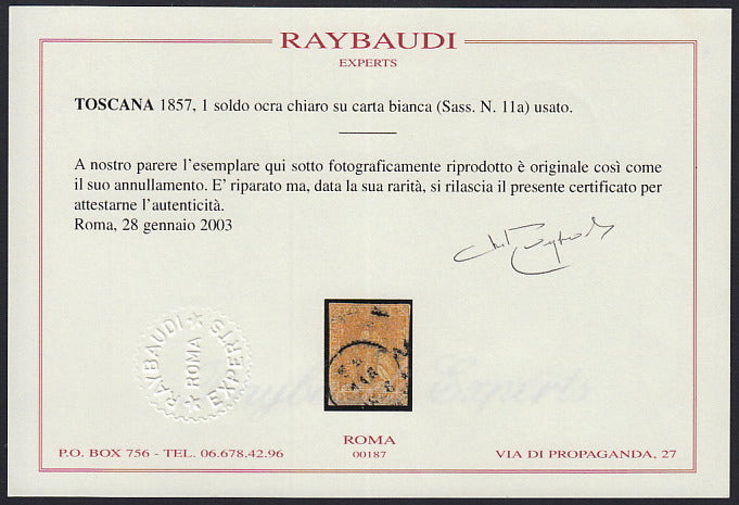 Tos146 - 1851 - Leone di Marzocco, 9 purplish brown crazie on gray paper and crown watermark used with red cancellation (8).