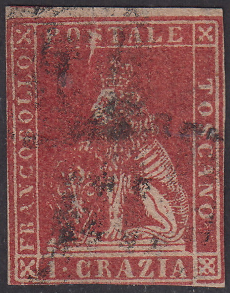 Tos146 - 1851 - Leone di Marzocco, 9 purplish brown crazie on gray paper and crown watermark used with red cancellation (8).