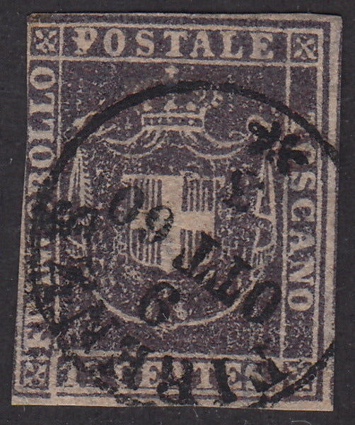 Tos146 - 1851 - Leone di Marzocco, 9 purplish brown crazie on gray paper and crown watermark used with red cancellation (8).