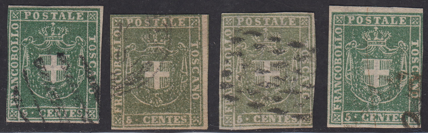 PV1829 -  1859 - Scudo di Savoia sormontato da corona Reale, c. 5 verde, verde oliva, verde oliva grigiastro chiaro e verde giallo, usati,  (18, 18a, 18b, 18c).