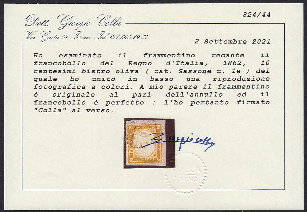 VEII41 - 1862 - Effigie di Vittorio Emanuele II volta a destra, emissione dentellata c. 10 bistro oliva usato (1e).