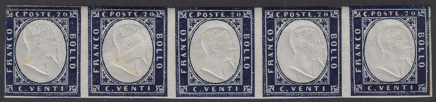 PV525 - 1862 - IV emissione c. 20 indaco striscia di cinque esemplari nuova con gomma originale, (13E).