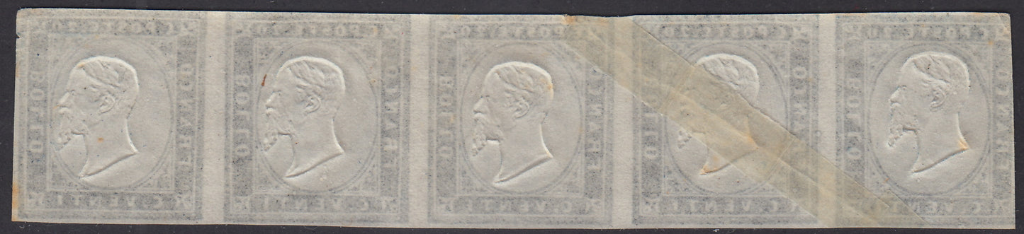 PV525 - 1862 - IV emissione c. 20 indaco striscia di cinque esemplari nuova con gomma originale, (13E).