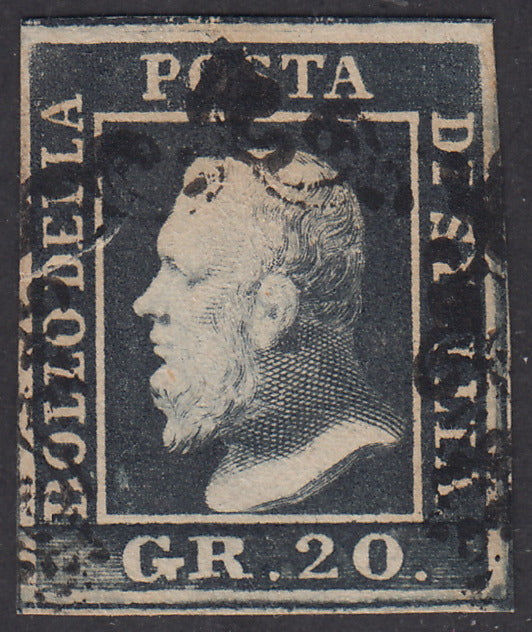 PV1458 - 1859 - 20 grana nero ardesia carta di Napoli usato, uno strappetto ma colore rarissimo e mancante in quasi tutte le collezioni,  (13a).