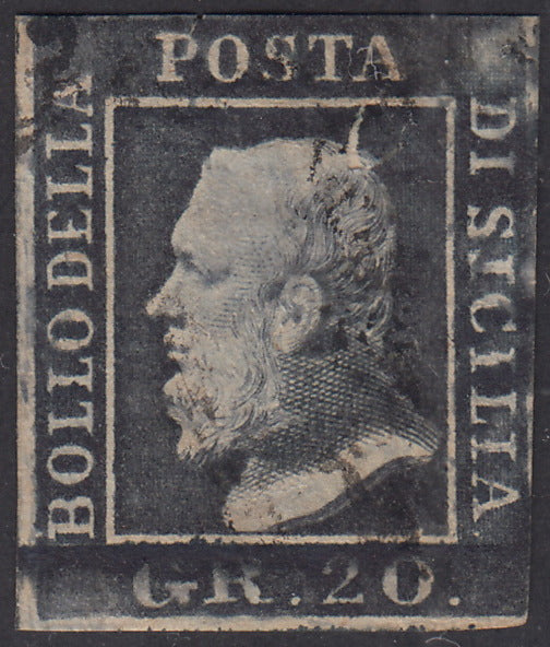 PV1459 - 1859 - 20 grana violetto ardesia scuro carta di Napoi usato, fortemente assottigliato ma colore rarissimo, (3b).