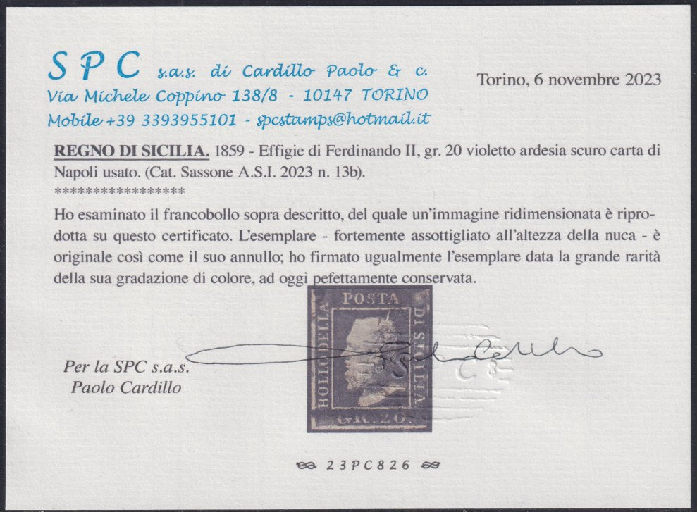 PV1459 - 1859 - 20 grana violetto ardesia scuro carta di Napoi usato, fortemente assottigliato ma colore rarissimo, (3b).