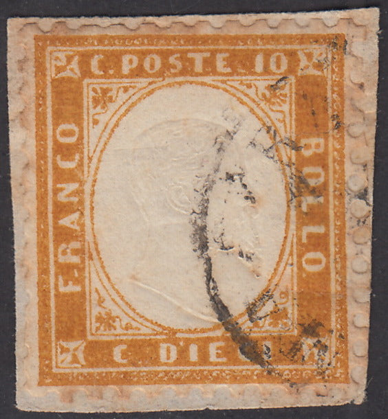 PV1976 - 1862 - Emissione dentellata c. 10 bistro arancio usato su piccolo frammento (1g).