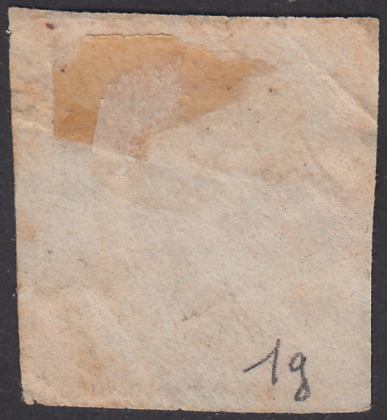 PV1976 - 1862 - Emissione dentellata c. 10 bistro arancio usato su piccolo frammento (1g).