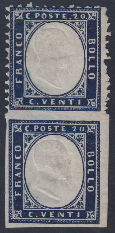 VEII62 - 1862 - Perforated issue c. 20 indigo vertical pair of which the upper part is notched on three sides and the lower part is not notched, new intact rubber, (2m).