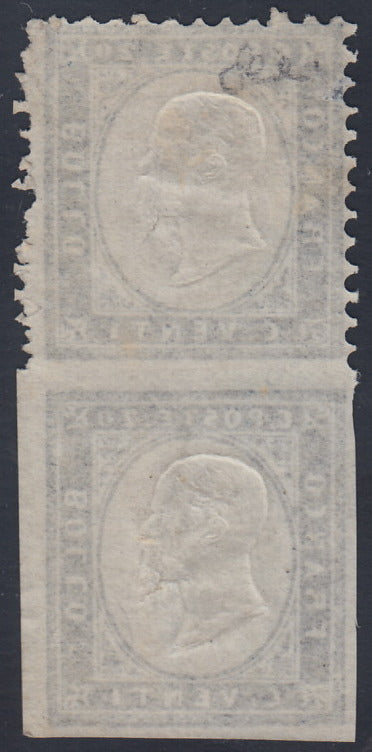 VEII62 - 1862 - Perforated issue c. 20 indigo vertical pair of which the upper part is notched on three sides and the lower part is not notched, new intact rubber, (2m).
