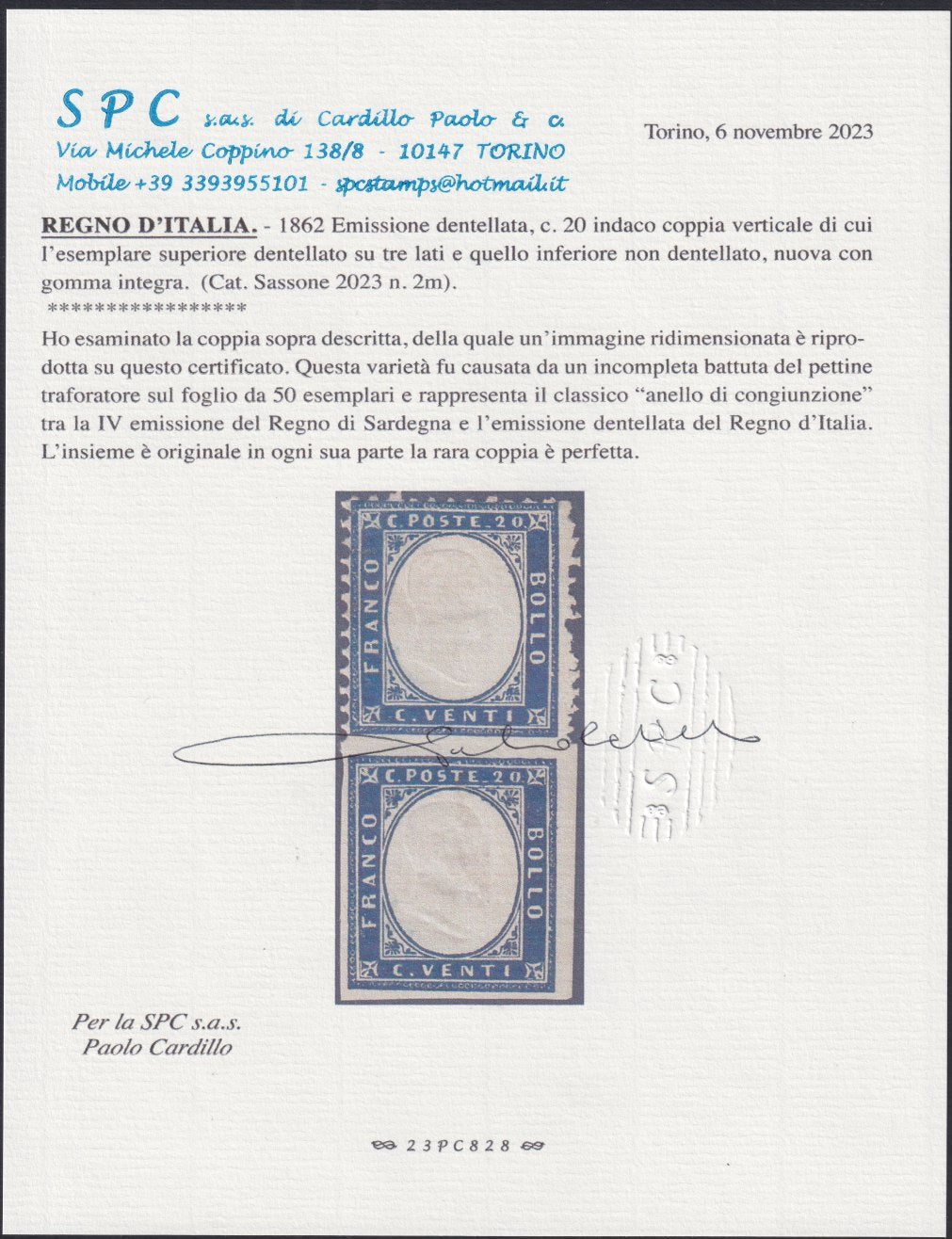 VEII62 - 1862 - Emissione dentellata c. 20 indaco coppia verticale di cui la parte superiore dentellata su tre lati e la parte inferiore non dentellata nuova gomma integra, (2m).