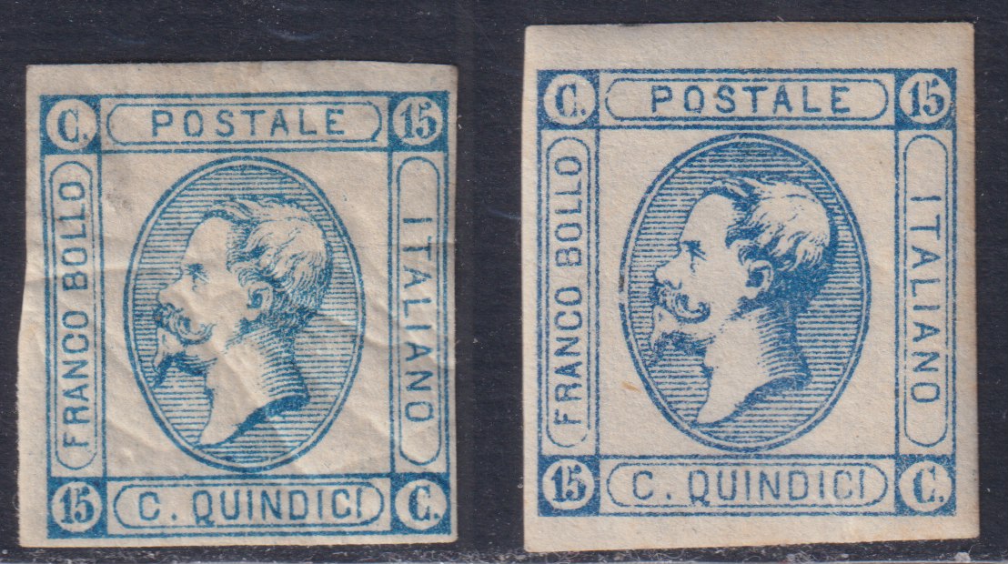 F15_157 - 1863 - Emissione litografica provvisoria, c. 15 azzurro I tipo, c. 15 azzurro II tipo. (12, 13).