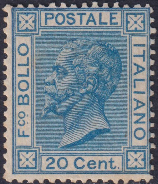 F15_158 - 1867 - Emissione su disegni di Luigi Bigola, c. 20 azzurro tiratura di Torino nuovo senza gomma (T26).