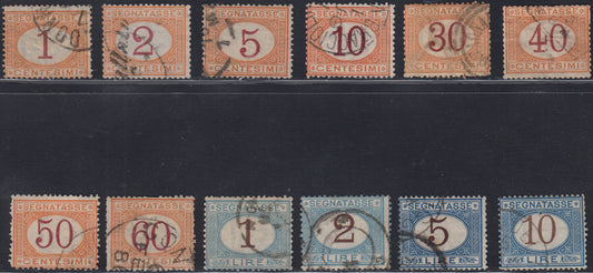 VEII57 - 1870/74 - Value numeral in an oval and horizontal writings, complete series of 12 values ​​in ocher and carmine and light blue and brown, 1st edition, (3/14).